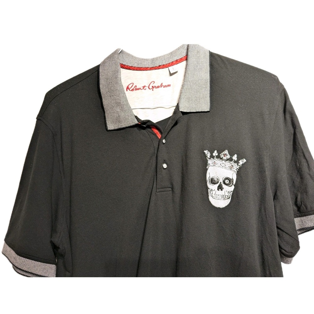 Robert Graham Polo Shirt Men L Blk Skull Crown Graphic Embroidered Pique Knit